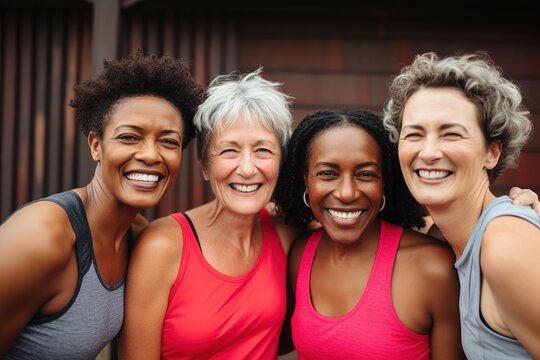 elderly women in nature taking pictures together for a happy memory. Women of different ages and skin colors. laughter and a group of pensioners taking photos to post on social media after a workout.