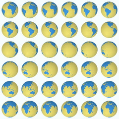 Poster - Collection of earth globes. Normal sphere view. Rotation step 10 degrees. Solid color style. World map with sparse graticule lines on light background. Posh vector illustration.
