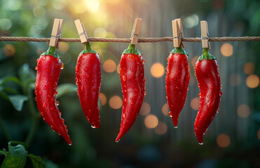 Wall Mural - Red chili peppers on rope in the garden