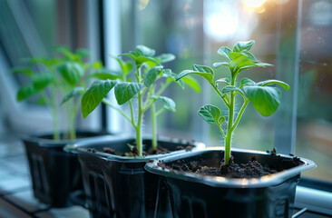 Young seedlings of tomatoes in plastic black pot on the windowsill