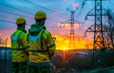 Two workers in high vis jackets stand in front of sunset and power lines