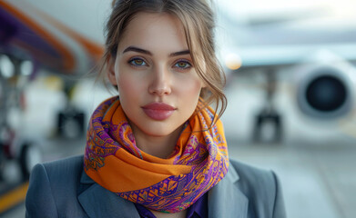 Wall Mural - Beautiful young stewardess is looking at camera while standing near the airplane