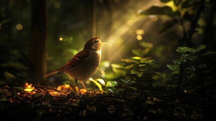 Wall Mural - A nightingale in a dark, leafy grove illuminated by a shaft of brilliant sunlight breaking through the canopy, spotlighting the bird as it sings.