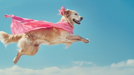 Wall Mural - A golden dog on the air with a pink cape on