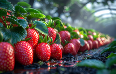 Wall Mural - Strawberry fruits growing in greenhouse. The strawberries growing in a berry farming tunnel