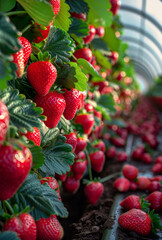 Wall Mural - Ripe strawberries growing on branch in greenhouse