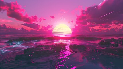 A glitched-out sunset, with glitchy gradients and unexpected bursts of neon pink
