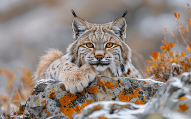 Wall Mural - Eurasian lynx rests in the orange foliage of the autumn forest. Wilderness Wonders