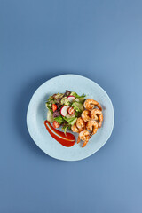 Sticker - Grilled Shrimp with Fresh Vegetable Salad on a Light Blue Plate