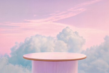 Aufkleber - Round table against a dreamy pink and blue cloudy sky backdrop, perfect for product display or design showcase.
