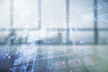 Aufkleber - Abstract virtual coding concept on empty corporate office background. Multiexposure