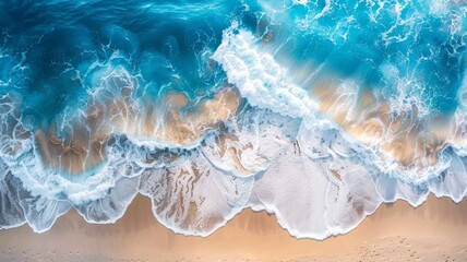Beach and waves from top view. Turquoise water background from top view. Summer seascape from air.