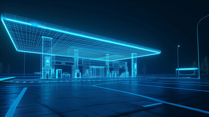 Neon blue wireframe of a night refueling station demonstrating smart technology in the oil refining industry.