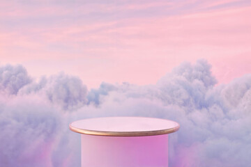 Poster - Round table set against a dreamy pink and purple cloudy sky, perfect for creating whimsical and ethereal visual displays.