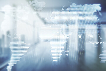Aufkleber - Multi exposure of abstract creative digital world map hologram on empty modern office background, research and analytics concept