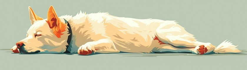 White dog with orange ears sleeping on the ground.
