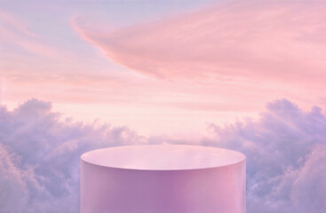 Poster - Pink cylinder set against an ethereal cloud background, perfect for creating serene and whimsical product displays or artistic visuals.