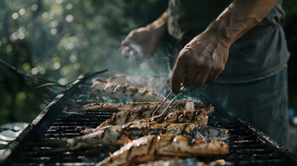 Wall Mural - someone Grilled shrimp on stove. seafood of Thailand.