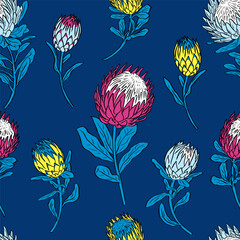 Canvas Print - Seamless pattern with protea flowers on blue background. Tropical floral wallpaper.