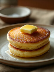 Wall Mural - Stack of pancakes with butter and syrup on a plate.