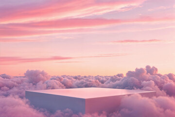 Aufkleber - White platform surrounded by pink clouds and a pastel sky. Design for poster, greeting card, invitation, postcard, banner.