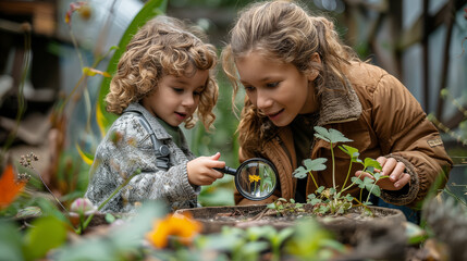 Wall Mural - A woman and child with curly hair using magnifying glasses to explore the garden, surrounded by plants and flowers in an outdoor eco centre.