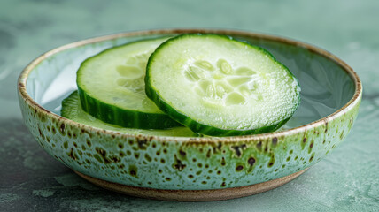 Wall Mural - A bowl of sliced cucumber on a green textured background.
