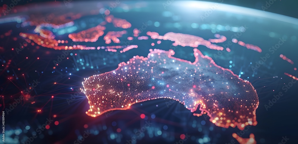 Digital map of Australia with glowing lights, representing global ...