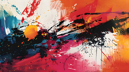 Wall Mural - An abstract background with a chaotic mix of brush strokes and splatters. Use a variety of colors and brush techniques to form a dynamic, energetic composition that captures the spontaneity