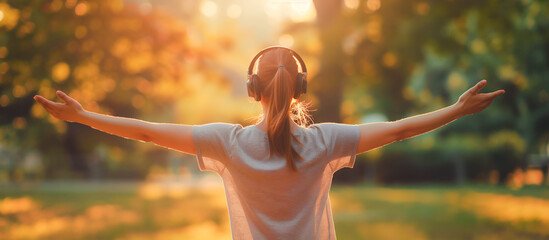 healthy woman wearing headphone doing stretching in the outdoor park