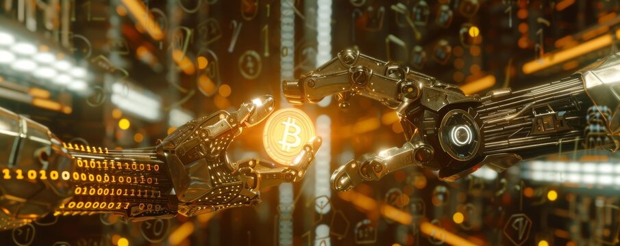 A detailed CG 3D illustration of two robotic arms exchanging a glowing coin