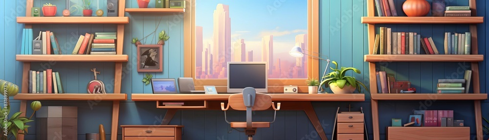 Design a cozy study room with a desk and bookshelves, flat design, side ...