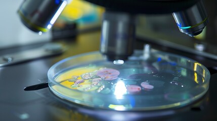 Poster - Petri dish being inspected under a lab microscope, close-up, clear lens focus, cool light