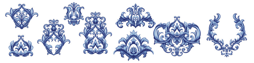 Set of blue elements in Baroque style for design of textile and greeting cards