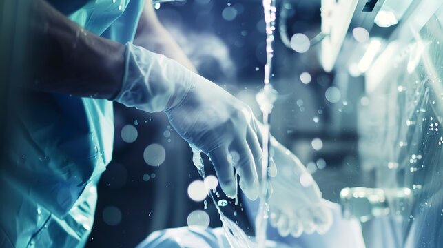 Surgeon's hands washing before operation, close-up, water droplets, sharp focus, cold light 
