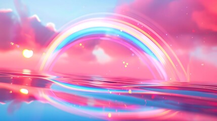 Wall Mural - Abstract data rainbows bending across a pink and blue neon horizon, reflected in bokeh pools