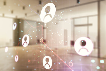 Fototapete - Abstract virtual social network hologram on a modern furnished classroom background. Double exposure