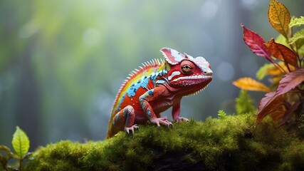 The vibrant chameleon perches on moss, its colorful scales standing out against a misty forest background