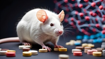 Wall Mural - symptoms of generic medications, outcomes of novel medications tested on rats and white lab mice, details on DNA sequencing and genetic research, and a large banner containing data