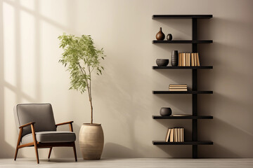 Wall Mural - A stylish living room with a comfortable armchair a tall bookshelf and a potted plant