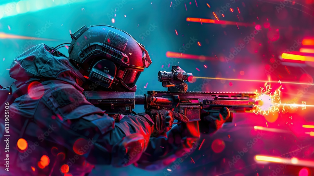 A futuristic soldier with an assault rifle in action, dynamic pose ...