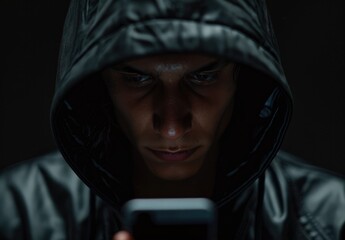 Mysterious Man In Black Hoodie Using Smartphone In The Dark