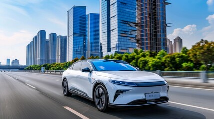 Wall Mural - A white car is driving down a road in a city. The car is moving quickly and he is in motion. The cityscape in the background is blurred, giving the impression of speed and movement