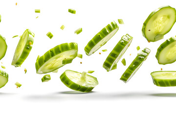 Wall Mural - Falling cucumber slices isolated on white background