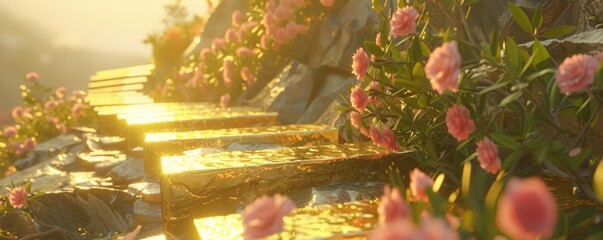 A serene mountain of shimmering gold bars with an ascending path of blooming flowers, hyper-realistic, crisp details, gentle sunlight, digital 3D art