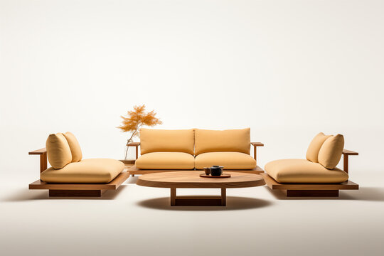 Modern living room furniture set with sofa armchairs and table isolated on white background 3D rendering
