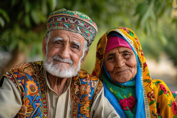 Wall Mural - Colorful Traditional Elderly Couple Portrait., Eid feast, Islamic celebration, Family feast.