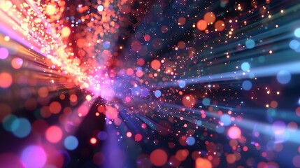 Glowing neon particles colliding in a particle accelerator, creating ephemeral data fireworks against a bokeh light backdrop