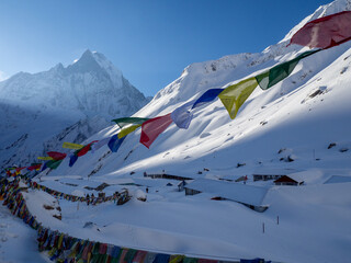 Poster - Flags hanging over snowy ground with mountains in the backdrop