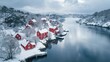 © Naknakhone - Use aerial photography to capture the beauty and solitude of red houses by a bay in winter. Focus on capturing the peacefulness of the snowy landscape. copy space for text.